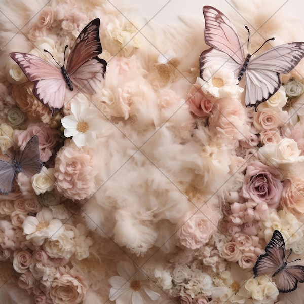 Butterflies with Tan Fur and Flowers Newborn Digital Backdrop