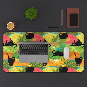 Cute Black Kawaii Cat Desk Mat, Large Mouse Pad, Desk Accessories, Gaming Accessories, Kawaii Desk Mat, Gamer Desk Mat, Gift for Cat Lovers