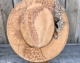 Burned Faux Suede Fedora, Handcrafted Leopard Print Flower, Sunflower and Leopard Print, Wide Brimmed Fedora, Wearable Pyrography Art
