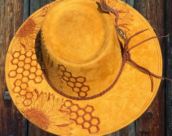 Burned Faux Suede Fedora, Handcrafted & Handpainted Leather Feather, Sunflower and Honeycomb,  Wide Brimmed Fedora, Wearable Pyrography Art