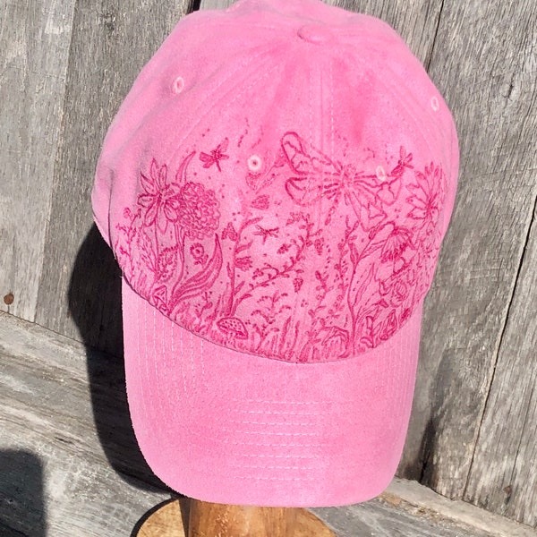 Burned Pink Flower Garden Baseball Cap, Pretty Flower Garden, Pyrography Art, Vegan Suede, Handcrafted Wearable Art, Perfect Gift, Dragonfly
