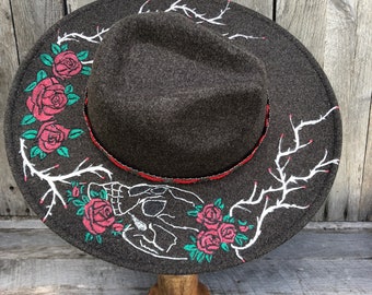 Custom Burned Hats, Distressed Hats, Fedora Hat Design, Skull and Roses, Wearable Art, Handcrafted, Pyrography Art, Roses and Thorns