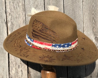 Custom Burned Hats, Burned and Distressed, Cowboy Hats, Fedora Hat Designs,Americana Design, USA, Feedom, Pyrography Art, Wearable Art