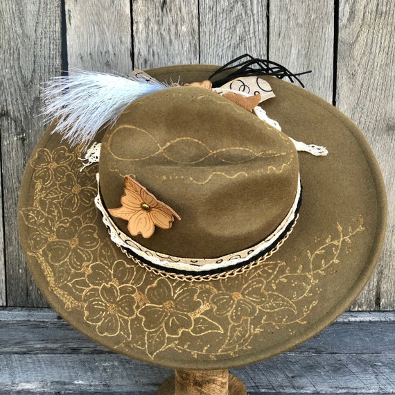 Black Felt Hat with Gold Floral Accents and Green Hummingbird Artisan Hand-burned Wide Brim Fedora Hat With Wildflower  main image 3