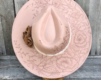 Burned Faux Felt Fedora, Handcrafted  Leather Flower, Flower amd Vine Design, Wide Brimmed Fedora, Wearable Pyrography Art,