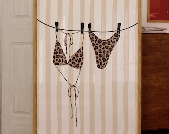 Leopard Bikini Print Beach Printable Illustration Funky Bikini Hanging Poster Girly Bathing Suit Dorm Print Cowgirl Ocean Apartment Decor