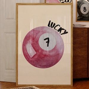 Vintage Pool Ball Print Retro ręcznie rysowana sztuka ścienna Modny plakat Lucky 7 Ball do wydrukowania Sztuka ścienna Cyfrowe pobieranie sztuki Bar Cart Art Pool Ball