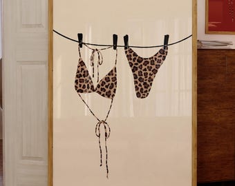 Leopard Bikini Print Beach Printable Illustration Funky Bikini Hanging Poster Girly Bathing Suit Dorm Print Cowgirl Ocean Apartment Decor