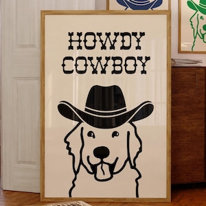 Howdy Cowboy Print Dog Cowgirl Hat Print Black Wall Art Dog Vintage Cowboy Dog Western Dog Art Western Trendy Wall Art Puppy Print Retriever