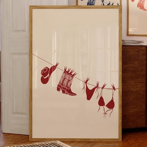 Impresión artística de bikini, ilustración de playa de bikini rojo imprimible, póster colgante de bikini, póster de traje de baño, impresión de vaquera costera, póster del océano