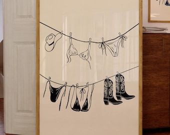 Bikini Art Print, Printable Black Bikini Beach Illustration, Bikini Hanging Poster, Bathing Suit Poster, Coastal Cowgirl Print, Ocean Poster