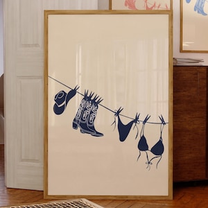 Póster de arte de bikini / Impresión física / Póster enrollado / Póster de ilustración de playa de bikini azul marino Póster colgante de bikini Póster de traje de baño de océano