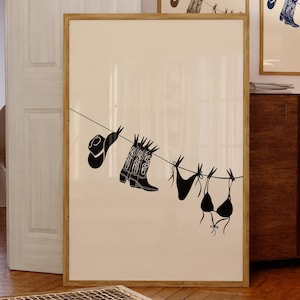 Impresión artística de bikini, ilustración de playa de bikini negra imprimible, póster colgante de bikini, póster de traje de baño, impresión de vaquera costera, póster del océano