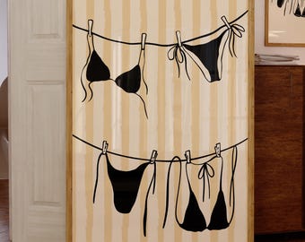 Bikini Art Print, Printable Black Bikini Beach Illustration, Bikini Hanging Poster, Bathing Suit Poster, Coastal Cowgirl Print, Ocean Poster