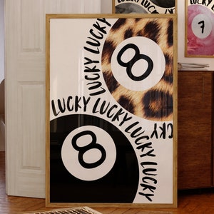 8-ball luipaardprint, retro handgetekende muurkunst trendy Lucky 8-ball poster afdrukbare muurkunst digitale download kunst barwagen kunst poolbal