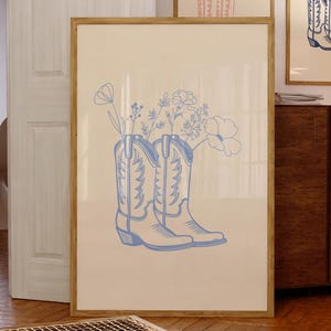 Estampado de botas azules de vaquera, vaquera costera imprimible, jarrón digital con flores para dormitorio, arte de pared vintage, preppy, moderno, océano, descarga