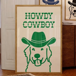 Howdy Cowboy Print Dog Cowgirl Hat Print Green Wall Art Dog Vintage Cowboy Dog Western Dog Art Western Trendy Wall Art Puppy Print Retriever