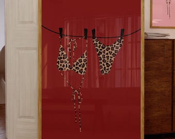Leopard Bikini Print Beach Printable Illustration Funky Bikini Hanging Poster Girly Bathing Suit Print Dorm Cowgirl Ocean Apartment Decor