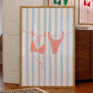 Bikini East Coast Print Pink Beachy Wall Art Bikini Hanging Poster Coastal Coquette Apartment Decor Preppy Clothesline Summer Wall Art Trend