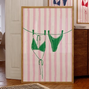 Bikini East Coast Print Green Beachy Wall Art Bikini Hanging Poster Coastal Coquette Apartment Decor Preppy Clothesline Summer Wall Art Girl
