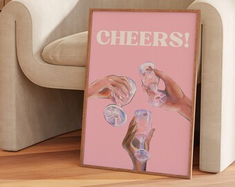 Pink Cheers Print, Bar Cart Wanddekor, Cheers Zeichen, Cheers druckbare Wandkunst | Bar Cart Print, Bar Cart Art, Retro Alcohol Print,Bar Print