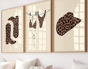 Set of 3 Leopard Beige Prints Trendy Cowgirl Dorm Poster Cheetah Wall Art Retro Gallery Girly Decor Bedroom Neutral Vintage Digital Download