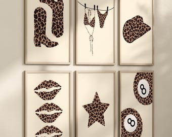 Set of 6 Leopard Beige Prints Trendy Cowgirl Dorm Poster Cheetah Wall Art Retro Gallery Girly Decor Bedroom Neutral Vintage Digital Download