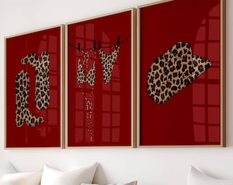 Set of 3 Red Leopard Print Trendy Cowgirl Poster Cheetah Wall Art Retro Gallery Girly Decor Bedroom Dorm Neutral Vintage Digital Download