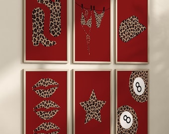Set of 6 Leopard Red Prints Trendy Cowgirl Dorm Poster Cheetah Wall Art Retro Gallery Girly Decor Bedroom Preppy Vintage Digital Download