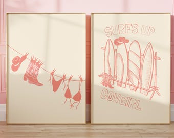 Coastal Cowgirl Duo Printable Surfboard Print Surfs Up Coast Cowgirl Print Vintage Surfing Print Cowgirl Surfer Girl Pink Poster Western Art