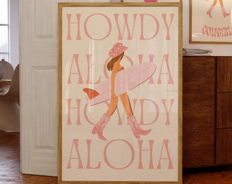 Howdy and Aloha Cowgirl Print, Coastal Cowgirl Printable, Cowgirl Surfer Girl Pink Poster, Western Wall Art, Preppy Wall Art, Trendy Cowgirl