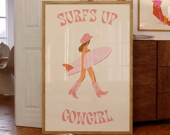 Coastal Cowgirl Printable, Surfs Up Coast Cowgirl Print, Cowgirl Surfer Girl Pink Poster, Western Wall Art, Preppy Wall Art, Trendy Cowgirl