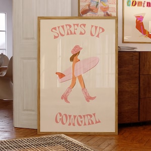 Coastal Cowgirl Printable, Surfs Up Coast Cowgirl Print, Cowgirl Surfer Girl Pink Poster, Western Wall Art, Preppy Wall Art, Trendy Cowgirl