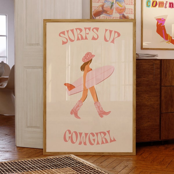 Coastal Cowgirl Printable, Surfs Up Coast Cowgirl Print, Cowgirl Surfer Girl Pink Poster, Western Wall Art, Preppy Wall Art, Trendy Cowgirl