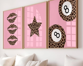 Set of 3 Leopard Pink Prints Trendy Cowgirl Dorm Poster Cheetah Wall Art Retro Gallery Girly Decor Bedroom Neutral Vintage Digital Download
