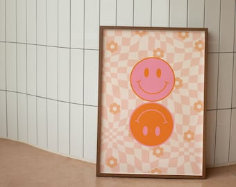 Preppy Room Decor, College Apartment Decor, Indie Room Decor, Pink Smiley, Preppy Wall Art Printable, Trendy Posters, Orange Smiley, Retro