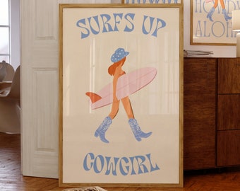 Coastal Cowgirl Printable, Surfs Up Coast Cowgirl Print, Cowgirl Surfer Girl Pink Poster, Western Wall Art, Preppy Wall Art, Trendy Cowgirl