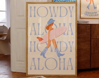 Howdy and Aloha Cowgirl Print, Coastal Cowgirl Printable, Cowgirl Surfer Girl Pink Poster, Western Wall Art, Preppy Wall Art, Trendy Cowgirl