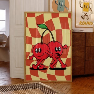 Impresión retro de cerezas, arte de pared de los años 70, impresión de cerezas, arte de pared de moda, arte de pared retro, impresión a cuadros, impresión de dibujos animados, decoración de habitación maximalista