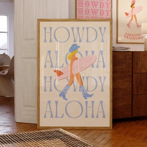 Howdy and Aloha Cowgirl Print, Coastal Cowgirl Printable, Cowgirl Surfer Girl Pink Poster, Western Wall Art, Preppy Wall Art, Trendy Cowgirl