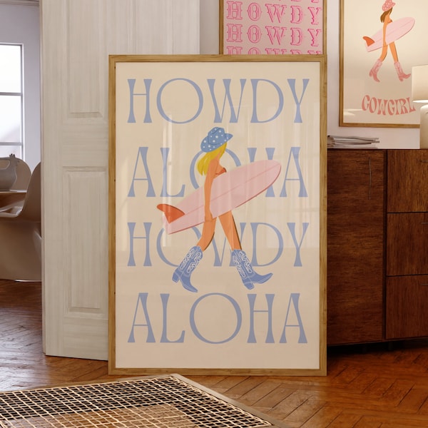Howdy and Aloha Cowgirl Print, Coastal Cowgirl Printable, Cowgirl Surfer Girl Pink Poster, Western Wall Art, Preppy Wall Art, Trendy Cowgirl
