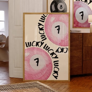Vintage roze poolbal print retro handgetekende muur kunst trendy Lucky 7 Ball poster afdrukbare muur kunst digitale download kunst barwagen kunst zwembad