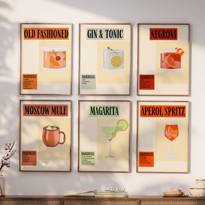 Set van 6 Cocktail Print, Ouderwets, Gin & Tonic, Aperol Spritz, Negroni, Margarita, Moskou Mule Retro Prints, Bar Cart Wall Art, Drankjes