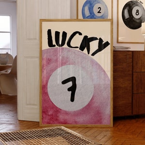 Vintage biljartbal print retro handgetekende muurkunst trendy Lucky 7 Ball poster afdrukbare muurkunst digitale download kunst barwagen kunst biljartbal