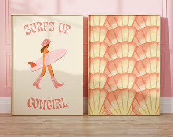 Coastal Cowgirl Print Set of 2 Watercolor Seashells Printable Surfs Up Print Cowgirl Surfer Western Wall Art Howdy Wall Art Trendy Cowgirl