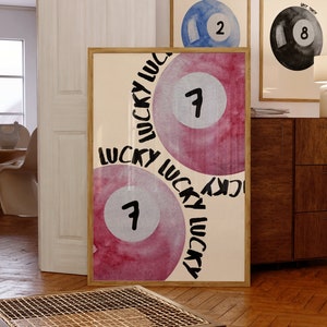 Vintage Pool Ball Print Retro ręcznie rysowana sztuka ścienna Modny plakat Lucky 7 Ball do wydrukowania Sztuka ścienna Cyfrowe pobieranie sztuki Bar Cart Art Pool Ball