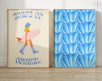Coastal Cowgirl Print Set of 2 Watercolor Seashells Printable Surfs Up Print Cowgirl Surfer Western Wall Art Howdy Wall Art Trendy Cowgirl