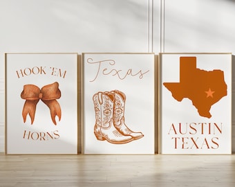 Conjunto de 3 impresiones de Austin, Texas, estilo preppy, decoración de habitación preppy, descarga digital de los Longhorns, impresiones universitarias de vaquera preppy.