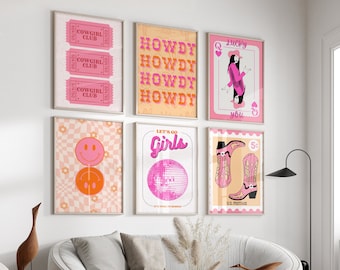 Set of 6 Pink and Orange Gallery Art | Cowgirl Wall Art | Trendy Prints | College Dorm Art | Girly Indie Teenage girl Room Decor Disco Art