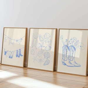 Coastal Cowgirl Set of 3 Blue Beach Wall Art Preppy Girl Decor Coastal Granddaughter Digital Downloads Trendy Aesthetic Gallery Dorm Room